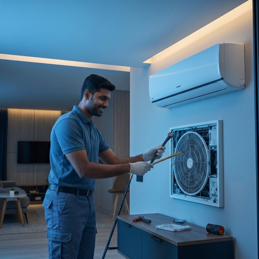 Professional AC technician repairing split AC unit in Gurgaon