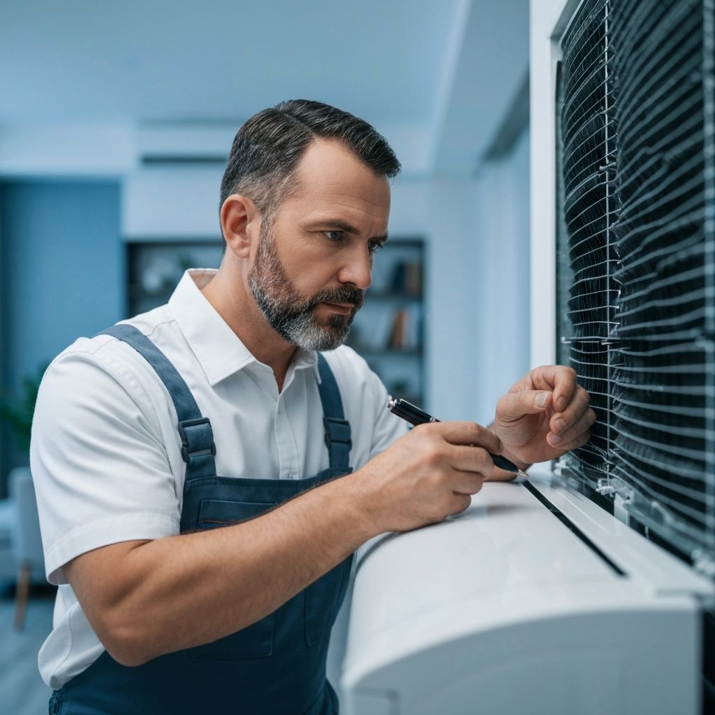 AC technician performing systematic inspection and repair process